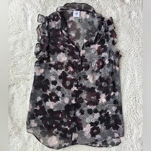 CAbi Weaver Sheer Black and Maroon Floral Sleeveless Ruffled Blouse Sz XS
